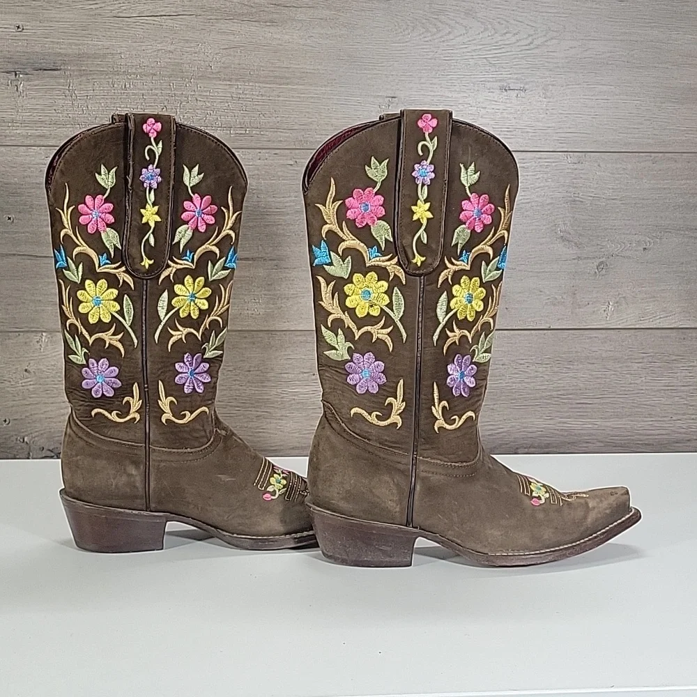 Girls El General Brown Leather Cowboy Boots with Floral Embroidery Sz 6